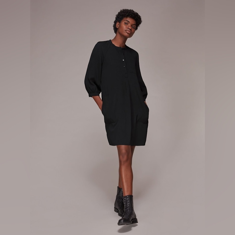 Whistles Black Crepe Cocoon Button Front Knee Length Long Sleeve Dress
